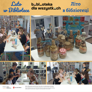 kolaż zdjęć z zajęć w ramach Lato w Bibliotece