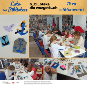 kolaż zdjęć z zajęć w ramach Lato w Bibliotece