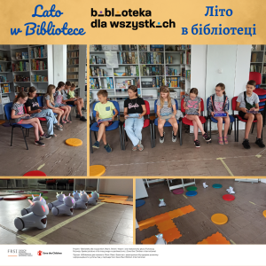 kolaż zdjęć z zajęć w ramach Lato w Bibliotece