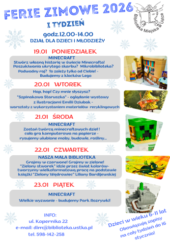 Infografika odnosnie planu zajec na ferie zimowe dla dziec i mlodziezy w 2026 roku