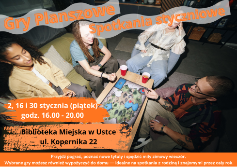 Infografika odnosnie styczniowych spotkan z grami planszowymi - 2, 16, 31 stycznia w godz. 16-20