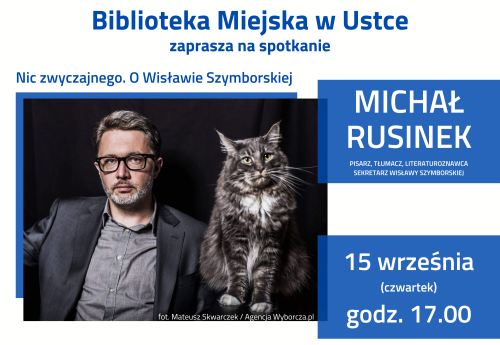 infografika dotycząca spotkania autorskiego z Michałem Rusinkiem 15 września o godz. 17.00