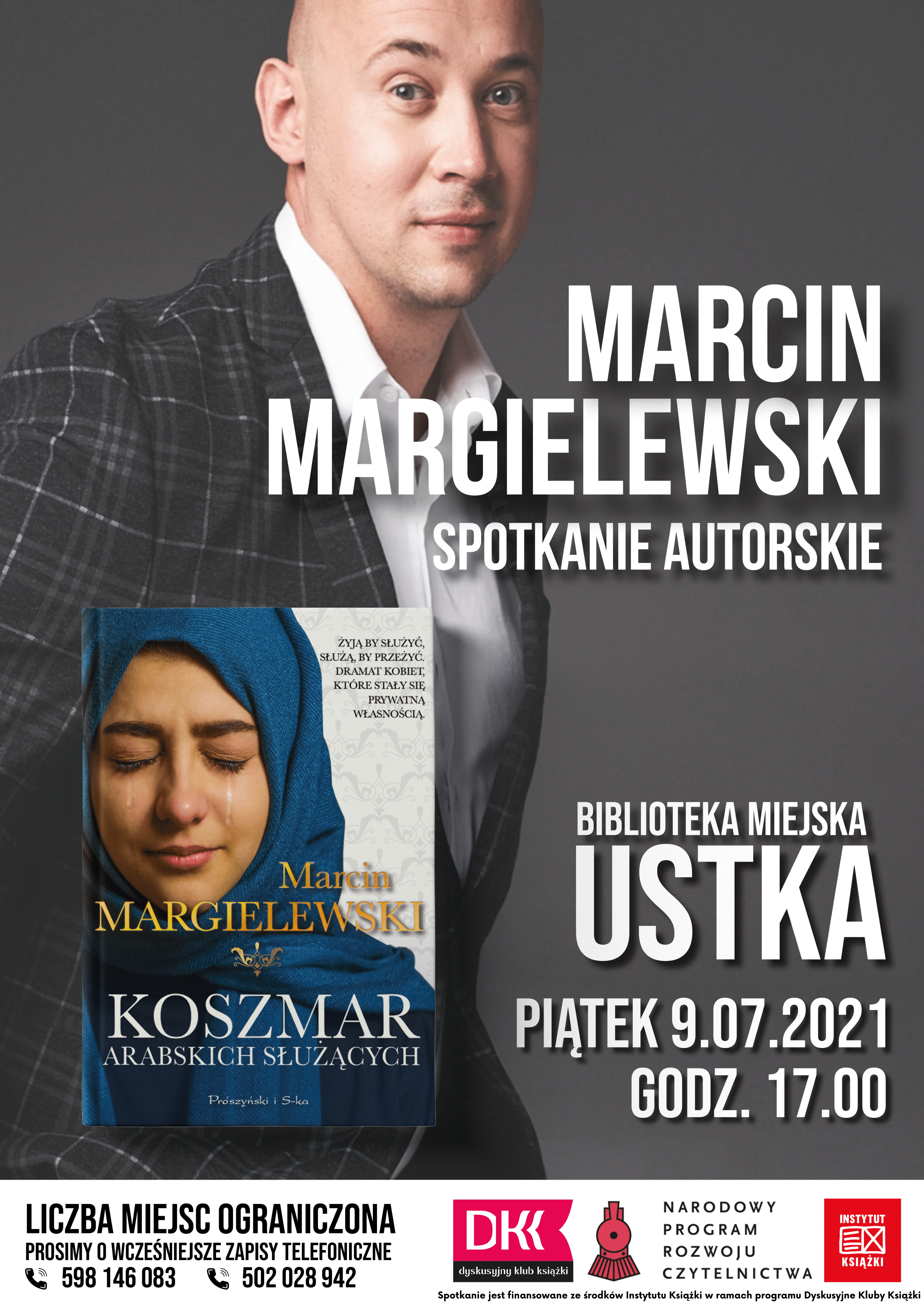 Infografika - spotkanie autorskie z Marcinem Margielewskim w bibliotece 9 lipca 2021 r. o godz. 17