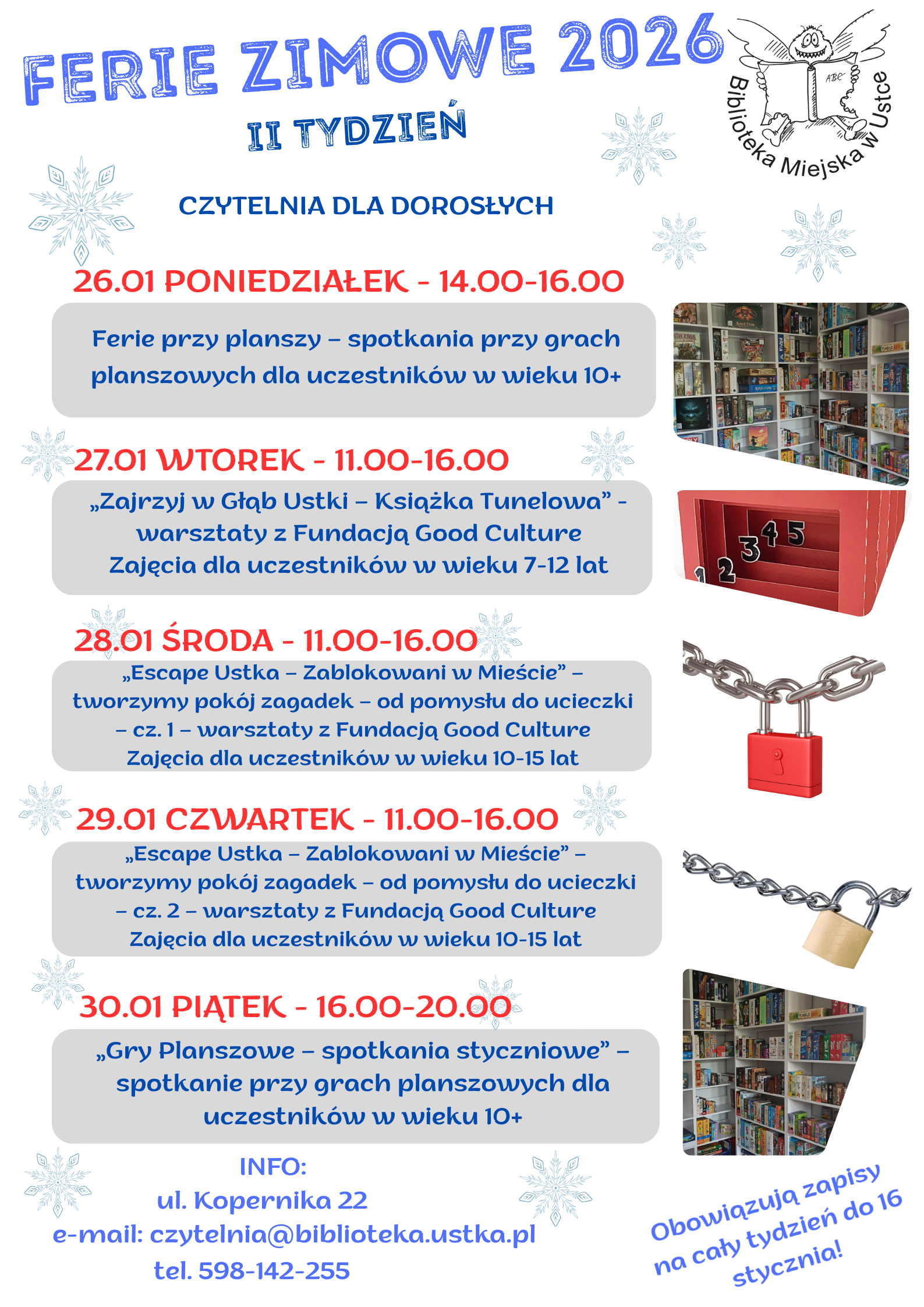 Infografika odnosnie zajec podczas ferii zimowych 2026