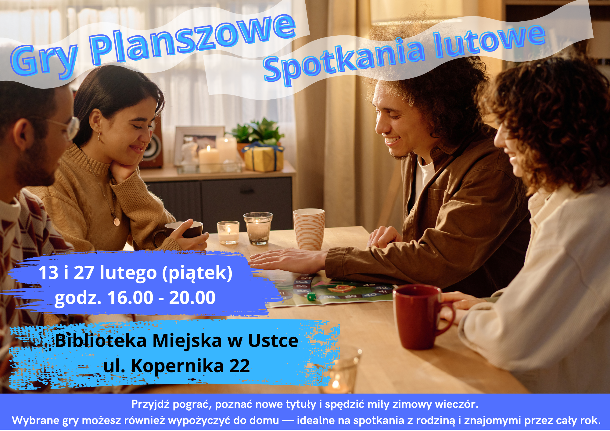 Infografika odnosnie styczniowych spotkan z grami planszowymi - 13 i 27 lutego w godz. 16-20