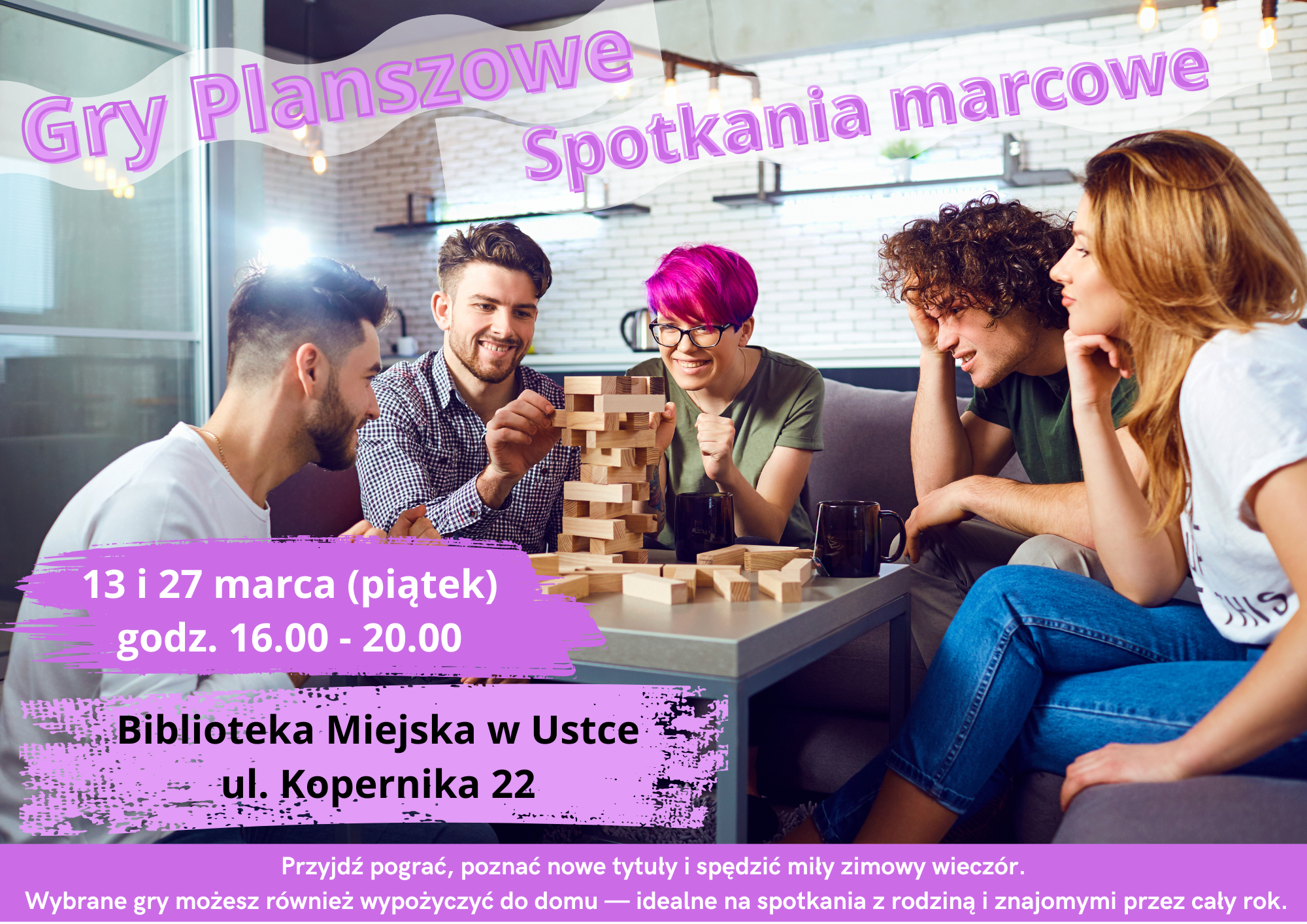 Infografika odnosnie styczniowych spotkan z grami planszowymi - 13 i 27 marca w godz. 16-20